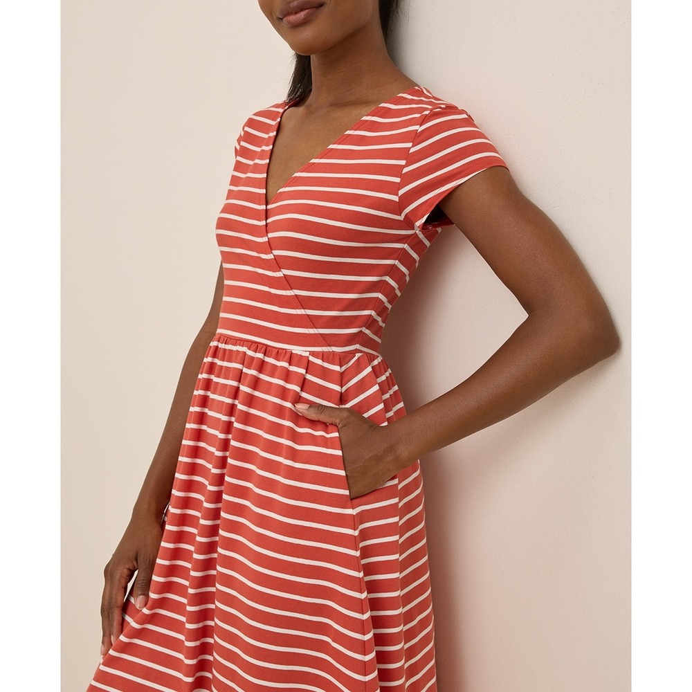 Pact Organic Cotton Striped Fit and Flare Dress Red White XS Pockets Cap Sleeve